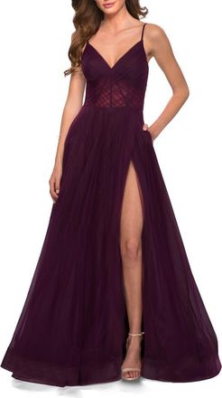 La Femme A Line Tulle Prom Dress with Sheer Bodice in Dark Berry at Nordstrom, Size 00