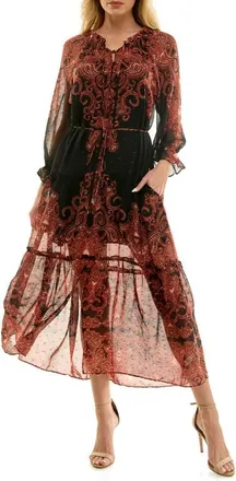 Socialite Poet Long Sleeve Chiffon Midi Dress in Black/Rust at Nordstrom, Size X-Small