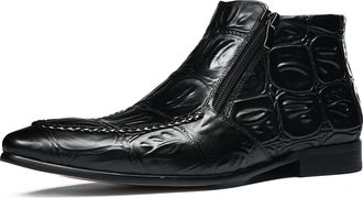 Generic Mens Croc-Embossed Genuine Leather Ankle Boots with Dual Zippers, Pointed Toe Slip-On Dress Boots for Business, Formal Events and Daily Office Wear,Bl