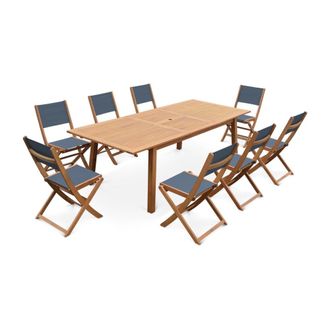 Sweeek Mesa de jard&iacute;n de madera extensible, 8 sillas, madera