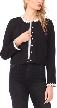 CeCe by Cynthia Steffe Faux Pearl Floral Trim Jacket in Rich Black at Nordstrom, Size X-Large