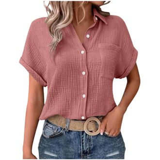 Generic Womens Short Sleeve Shirts UK Summer Solid Color Button Down Collared Tops 2025 Fashion Lightweight Loose Fit Blouse Dressy Casual Going Out T-Shirt L