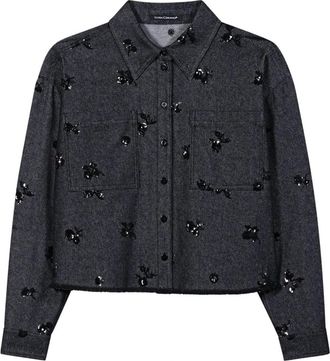 Luisa Cerano Overhemden, Dames, Blauw, L, Denim, Pailletten Denim Shirt, donkerblauw