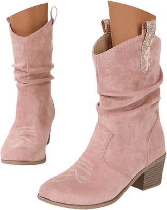 Generic Short Cowboy Boots for Women,Wide Width Solid Color Comfortable Pointed Toe Low Heels Mid Calf Cowboy Short Boots 2025 Casual Fashion Slouchy Ruched L