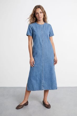 Warehouse Womens Petite Denim Side Split Midi Dress - Blue - Size 16 UK