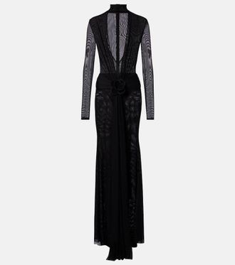 DAVID KOMA Vestido de fiesta de malla con aplique floral