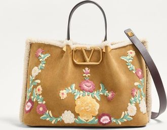 Valentino Garavani Valentino Garavani Medium Shopping Bag In Embroidered Suede With Sheepskin Lining Wo
