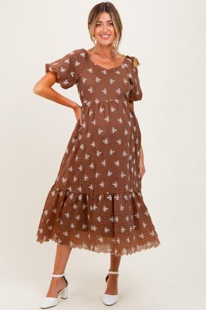 Pinkblush Floral Embroidered Tiered Midi Dress in Brown at Nordstrom, Size Medium