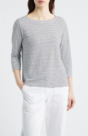 Eileen Fisher Stripe Bateau Neck Organic Linen Top in White/Black at Nordstrom, Size Xx-Small