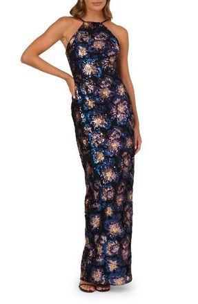 Adrianna Papell Sequin Floral Column Gown in Blue Multi at Nordstrom, Size 10
