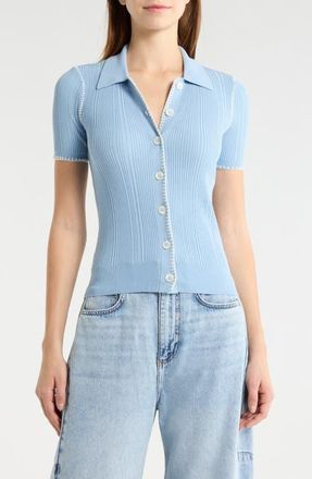 Rag & Bone Harper Whipstitch Detail Short Sleeve Cardigan in Sky at Nordstrom, Size Xx-Small