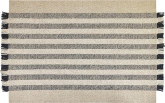 Beliani Alfombra De Lana Blanco Crema Negro 160 X 230 Cm Hecho A Mano Borlas Tacettin
