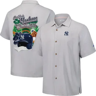 Tommy Bahama Mens Tommy Bahama Gray New York Yankees Hit and Run Silk Camp Button-Up Shirt at Nordstrom, Size Xx-Large