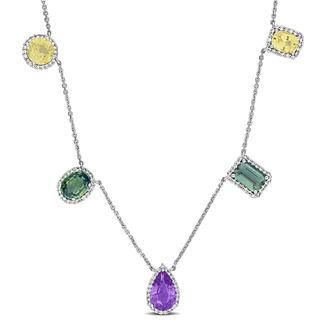 Mimi & Max 4 1/10ct TGW Green Pruple Sapphire 3/8ct TW Diamond Halo Station Necklace 14k Rose Gold