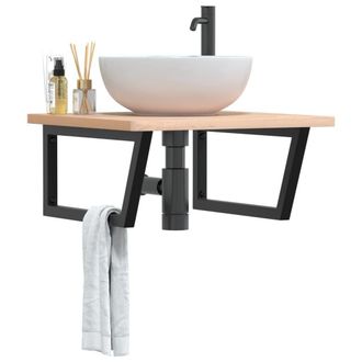 Berkfield Home Basin Shelf Wall Mounted Steel & Solid Wood Beech in Brown
