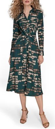 DKNY Abstract Long Sleeve Tie Front Stretch Satin Shirtdress in Hudson/Gol at Nordstrom Rack, Size 4