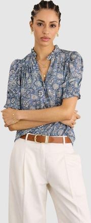 Baukjen Nolan Ruffled Collar Printed Blouse in Denim Woodblock Print at Nordstrom, Size 14