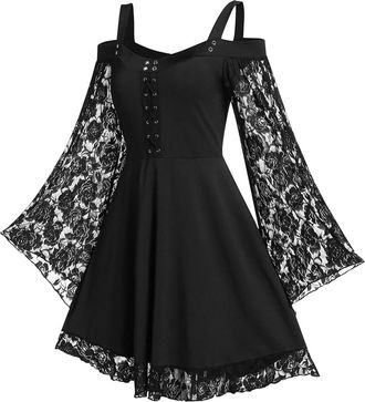 Generic Sexy Gothic Dress for Women UK Strappy Lace Patchwork Mini Dress Bandage Vintage Medieval Victorian Dresses Halloween Costumes Goth Steampunk Clothing