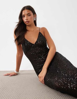 Asos vestito lungo sottoveste trasparente con paillettes nero-Arancione