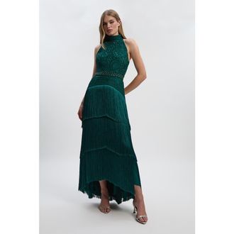 Karen Millen Beaded Halter Neck Woven Maxi Dress in Dark Green at Nordstrom, Size 10