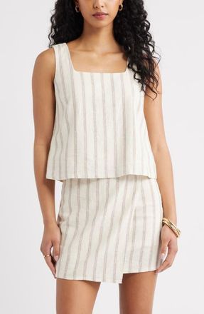 Open Edit Square Neck Sleeveless Linen Blend Top in Beige Cabana Stripe at Nordstrom, Size Xx-Small