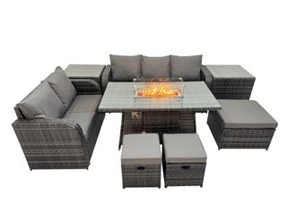 Fimous Garden Outdoor Rattan Furniture Set with 2 Side Tables 3 Footstools in Dark Grey