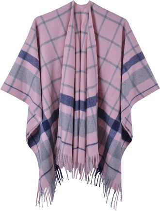 Feoya Womens Oversized Poncho Cape Warm Shawl Blanket Wrap Plaid Reversible Capes Open Front Cashmere Cape Shawls Checked Knitted Ruana Shawl Check Color Bl