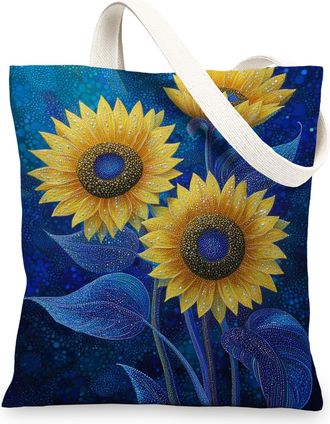 Generic Sunflower Canvas Tote Bag, Artistic Reusable Grocery Bags, Linen Lightweight Blue Shoulder Strap Bags, Blue, 13x15 Inch