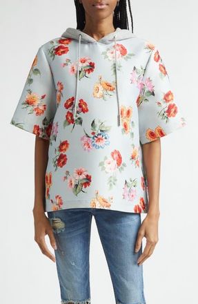 Brandon Maxwell The Aine Floral Short Sleeve Virgin Wool & Silk Faille Hoodie in Light Blue Floral at Nordstrom, Size X-Small
