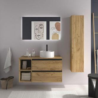 Cygnus Bath Mueble De Ba&ntilde;o Bequia Plus Metal 90cm Roble Lavabo Sobre Encimera Porcelana Lado Reversible 2h