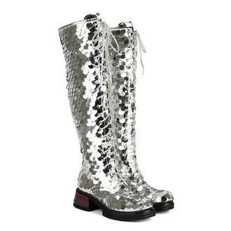 Generic Womens Round Toe Block Heels Knee High Boots Lace Up with Glitter Sequins Decor Fashion Nightclub Party Dance Shoes (7.5,Silver)