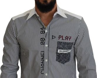 Dolce & Gabbana Mens Gray White Striped Slim Fit Shirt Cotton