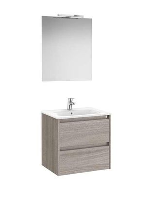 Roca Mueble Lavabo 600mm Tenet 2 Cajones + Espejo Y Aplique Led City Oak