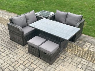 Fimous Outdoor Rattan Furniture Garden Dining Set Height Adjustable Rising lifting Table Love Sofa Set With 2 Small Footstool in Dark Grey