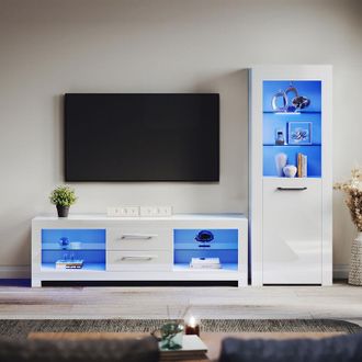Elegant Lighting 1600mm tv Stand Cabinet + Sideboard Display Cabinet Set with Multicolour led Lights White Gloss Storage Unit for Living Room Furniture Set 2 - Elegant