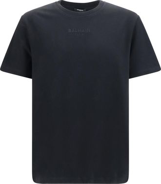 Balmain Mens T-Shirt Embroidered Logo Black Black-Black Cotton T-Shirts Black/black And Polos