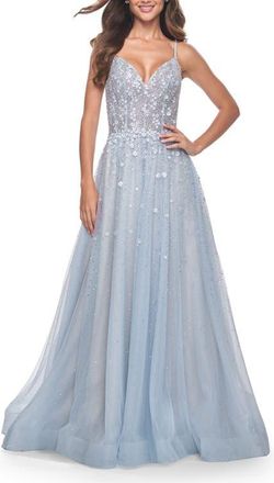 La Femme A-Line Tulle Gown with Unique Floral and Rhinestone Details in Light Blue at Nordstrom, Size 10