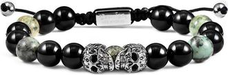 Crucible Jewelry Crucible Los Angeles Double Skull Adjustable Bracelet with Genuine African Turquoise and Black Onyx Beads