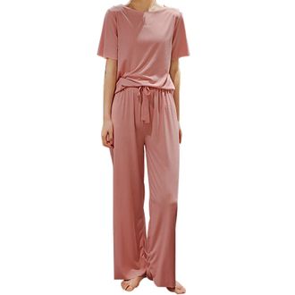 Generic Womens Pyjamas Pink Tracksuit Womens Full Set Wide Leg Drawstring-Tracksuit Bottoms Women Straight Leg Crew Neck WomenS Pyjama Sets Tall Cosy Pyjamas 