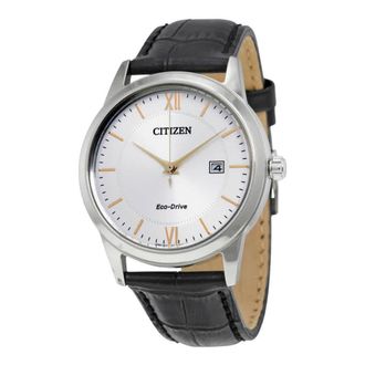 Citizen Eco-Drive Silver Dial Black Leather Mens Watch AW1236-03A