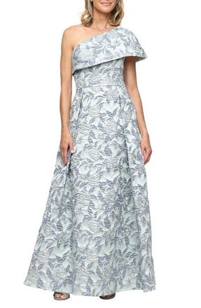 Alex Evenings One-Shoulder Floral Jacquard Gown in Sage Multi at Nordstrom, Size 10