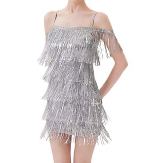 Generic Elegant Womens Fringe Sleeveless Party Gown with Sequin Tassel Hem Perfect Latin Dance Clubwear Performance Outfit for Stage Show and Special Events G