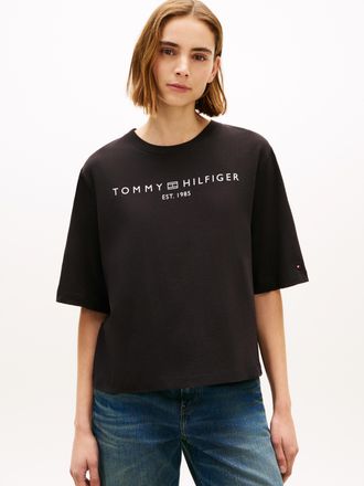 Tommy Hilfiger Langarmshirt TOMMY HILFIGER CORP LOGO TRAPEZE C-NK TEE, Damen, Gr. L (42/44), schwarz, Single Jersey, Obermaterial: 100% Baumwolle, unifarben, regular