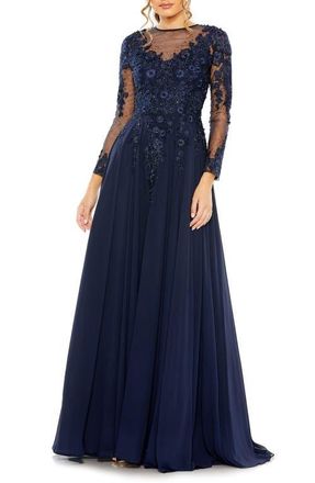 Mac Duggal Hand-Embellished Lace Gown with Jeweled Embroidery in Midnight at Nordstrom, Size 8