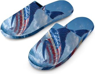 Generic US Flag Marlin Fish Mens Slippers Warm Non-Slip Houes Shose Spa Slipper for Home Bedroom