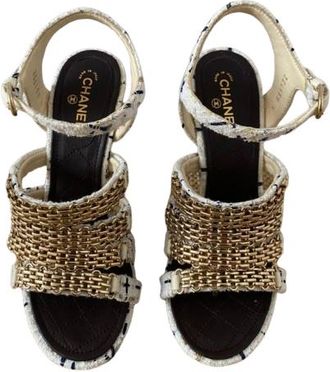 Chanel Tweed Chain Embellished Heeled Sandals Size 37