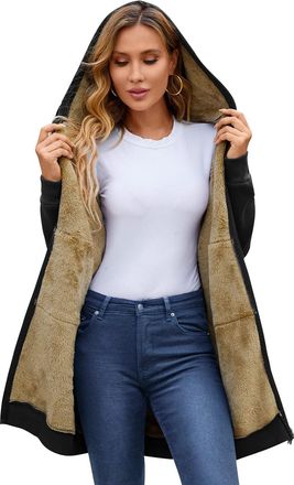 Generic Winter Jackets for Women Warm Zip up Hoodies Coat Women Plush Mid-Long Casual Warm Fleece Drawstring Ladies Hooded Sweatshirt Winter Cozy Cardigan Lon