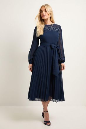 Wallis Womens Petite Pleated Floral Trim Midi Dress - Navy - Size 14 UK