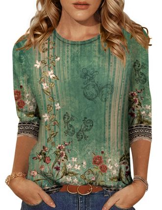 Zeagoo Blouses for Women 3/4 Sleeve Tops Casual Crew Neck Floral Blouse Summer T Shirts Retro Green L