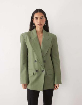Asos blazer sartoriale doppiopetto con spalle strutturate in kaki-Nessun colore